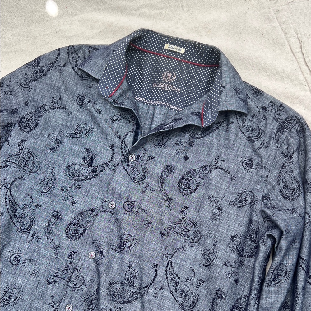 Bugatchi Navy Paisley Button-Down Shirt with Contrast Collar